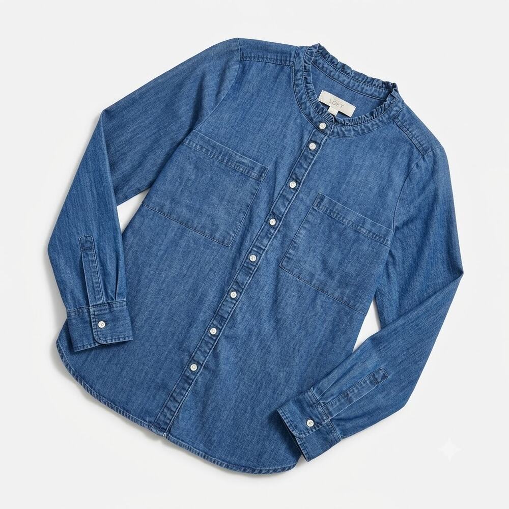 LOFT Ruffle Neck Chambray Shirt Blue Long Sleeve Lyocell Womens XS